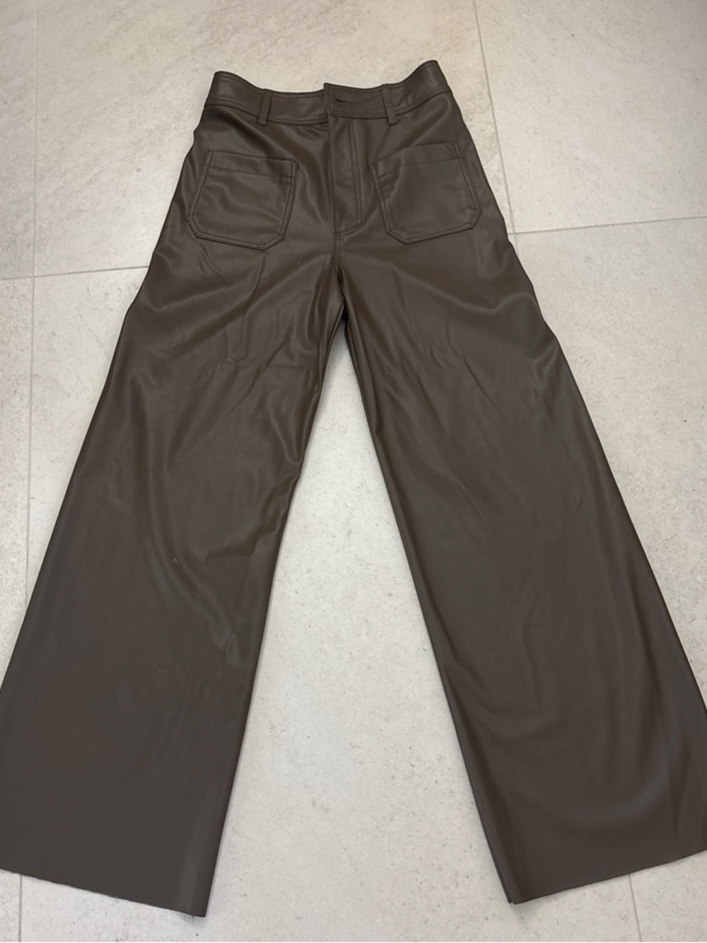 Zara Faux Leather Waistband Trousers in Taupe Brown